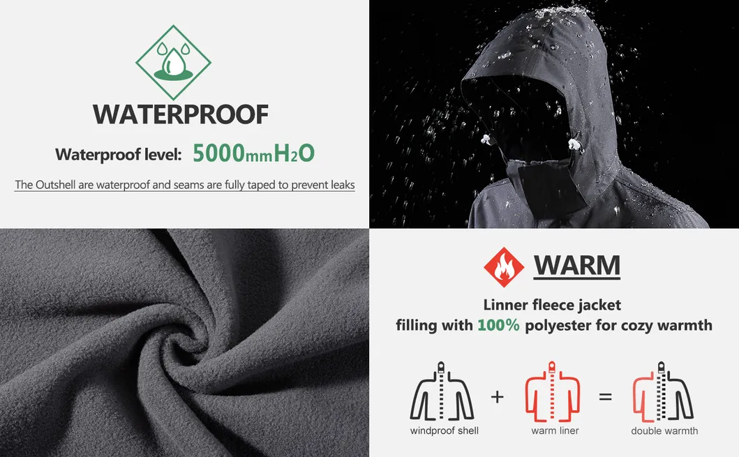 Men's Waterproof Mountain Windbreaker Snow Rain Winter Coat Puffer 3-in-1 Ski Jacket