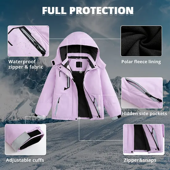 Girl's Waterproof Warm Winter Outer Wear Fleece Hooded Ski Jacket