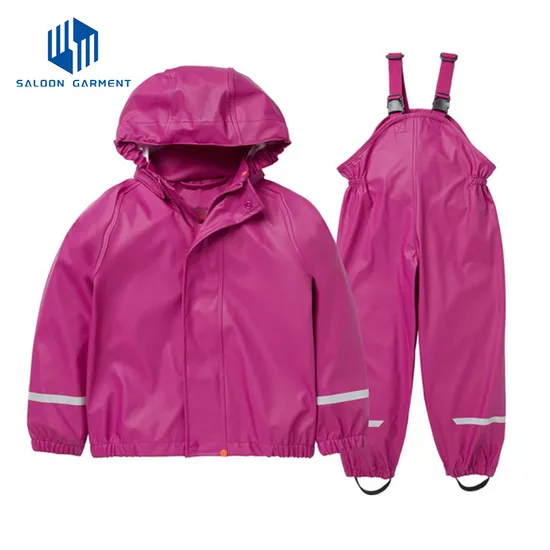 Kids Outdoor Play Waterproof Trousers PU Rain Jacket Raincoat with Under Boots Straps
