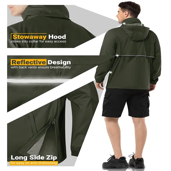 Men's Lightweight Waterproof Raincoat Shell Hooded Outdoor Rain Jacket for Hiking