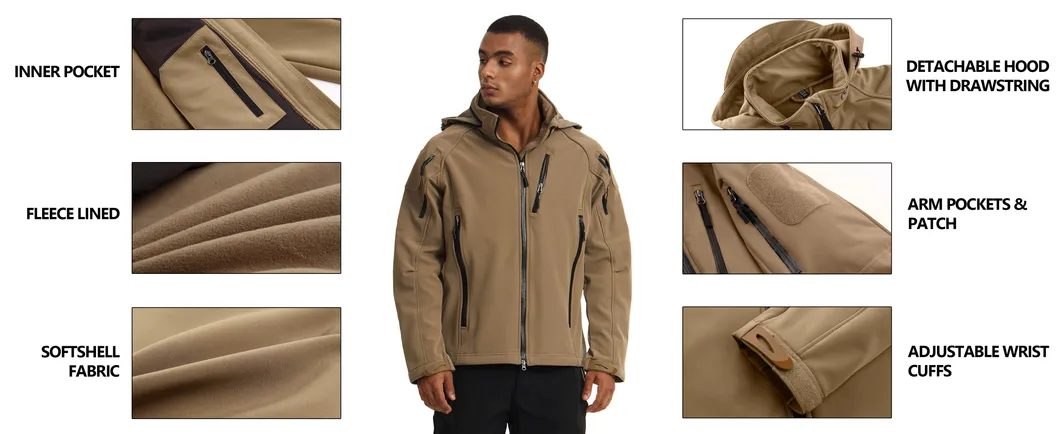 Men's Outdoor Hiking Fleece Lined Warm Hooded Windproof Coat Tactical Softshell Jacket
