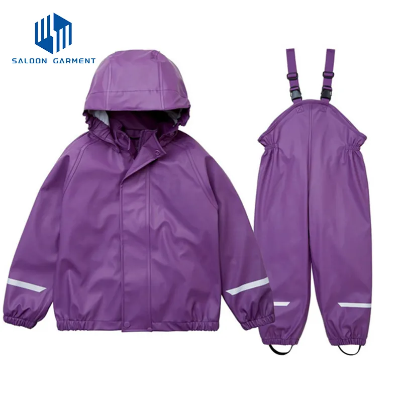 Kids Outdoor Play Waterproof Trousers PU Rain Jacket Raincoat with Under Boots Straps