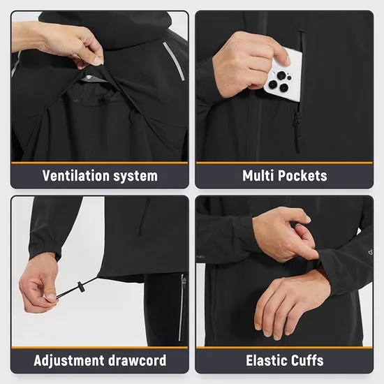 Men Waterproof Breathable Raincoat Hooded Lightweight Reflective Rain Jacket
