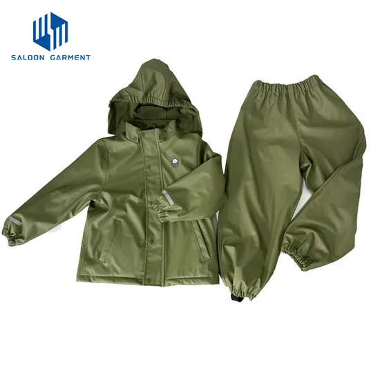 Kids Outdoor Play Waterproof Trousers PU Rain Jacket Raincoat with Under Boots Straps