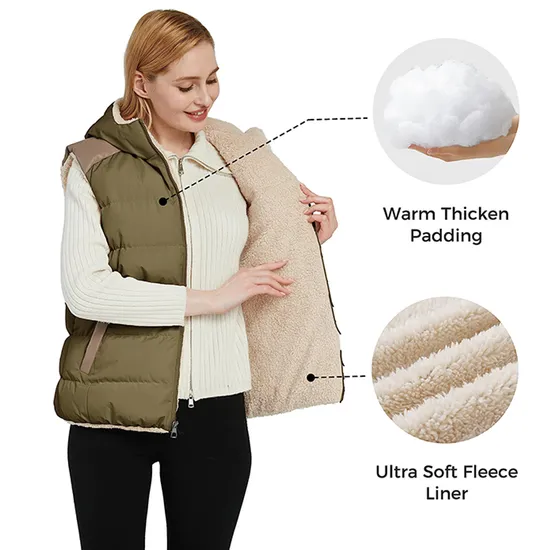 Women's Fashion Outdoor Winter Fleece Lining Quilted Hooded Vest Sleeveless Quilted Jacket