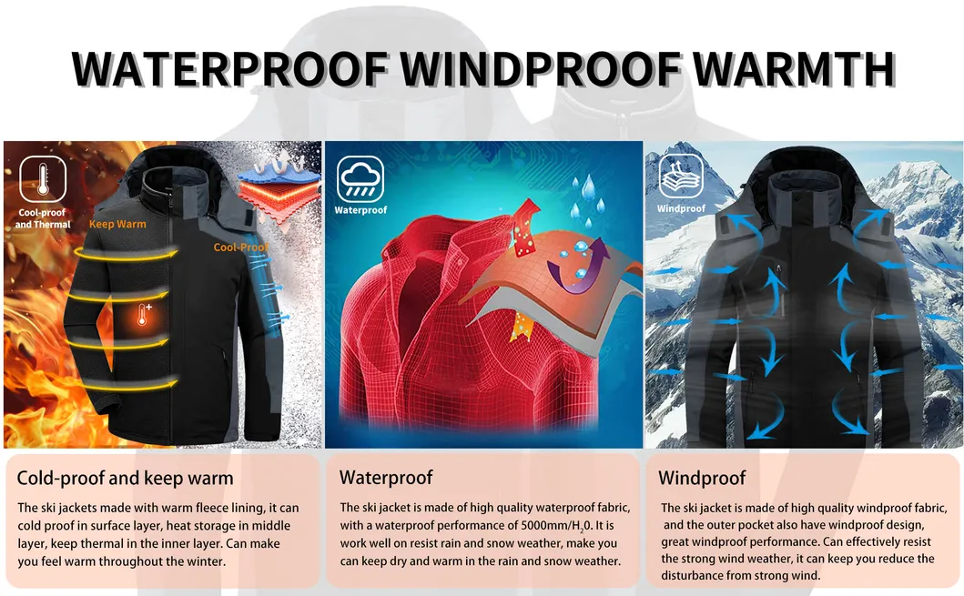 Men's Waterproof Windproof Winter Snow Coat Snowboarding Warm Raincoat 3-in-1 Ski Jacket