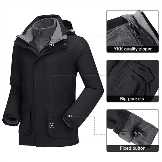 Men's Waterproof Winter Snow Inner Warm Fleece Coat Hooded 3-in-1 Ski Jacket