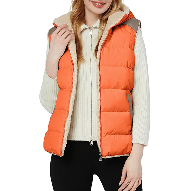 Women's Outerwear Casual Quilted Hooded Fleece Padded Sleeveless Jacket Vest