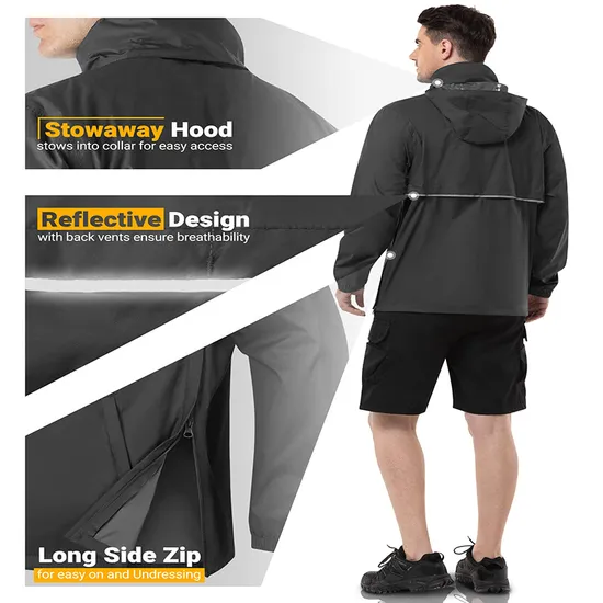 Bulk Production Outdoor Reflective Safety Lightweight Raincoat Poncho Waterproof Windbreaker Rain Jacket