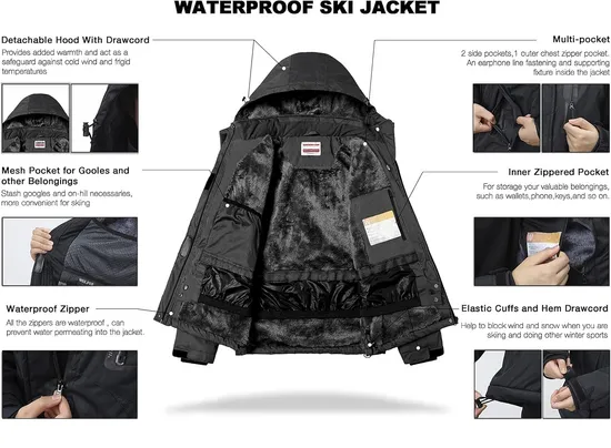 Women's Waterproof Mountain Windproof Winter Coat Snow Ski Jacket with Detachable Hood