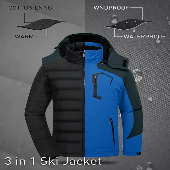 Mens Outdoor Waterproof Winter Coat Mountain Snow 3-in-1 Ski Jacket for Hiking