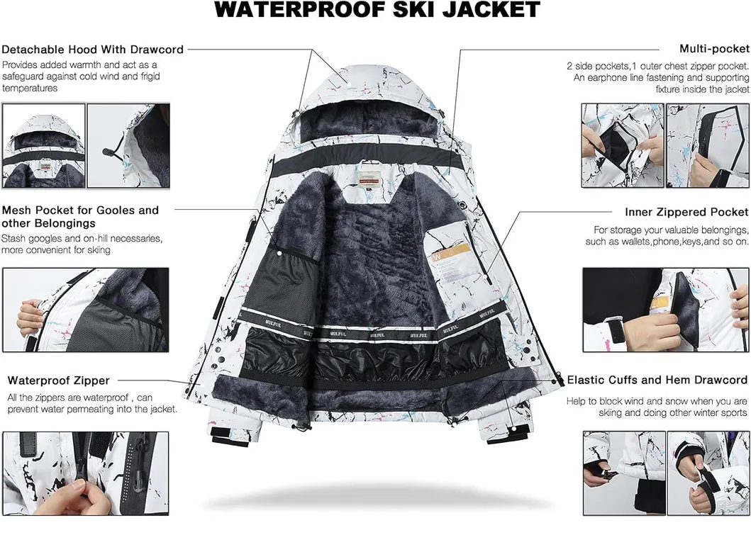 Mountain Snow Waterproof Detachable Hood Windproof Fleece Winter Coat Rain Ski Jacket