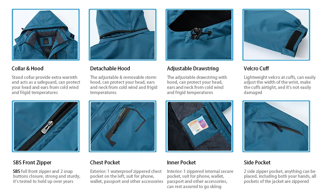 Men's Waterproof Warm Winter Coat Detachable Hood Mountain Windproof Ski Jacket