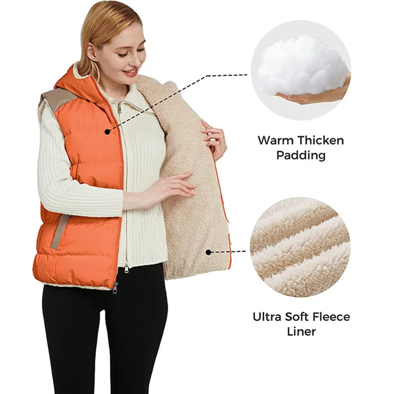 Women's Outerwear Casual Quilted Hooded Fleece Padded Sleeveless Jacket Vest