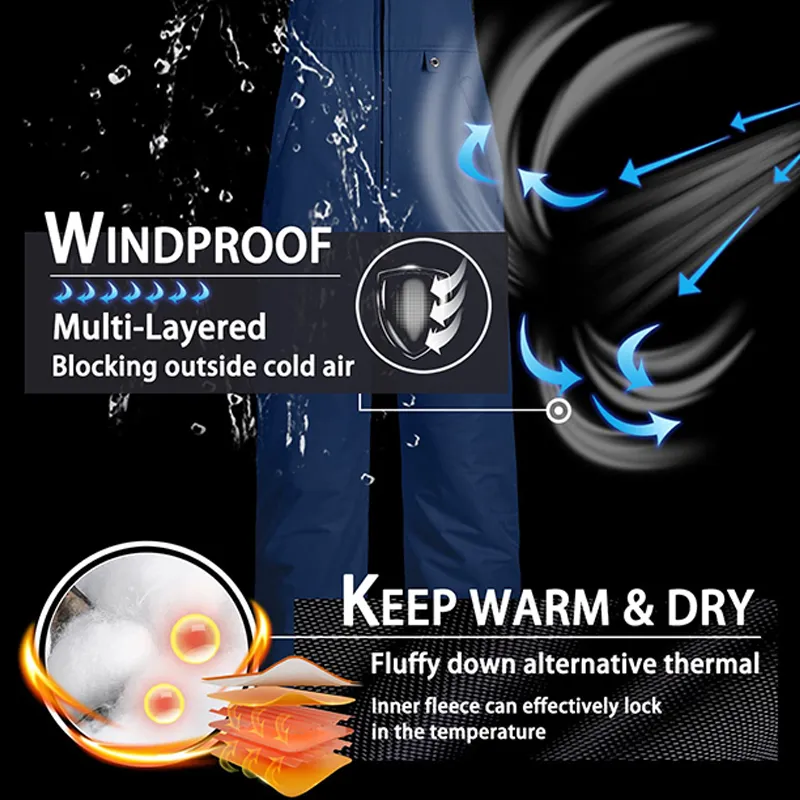 Men's Winter Snow Trousers Windproof Waterproof Outdoor Pants Ski Overall with Adjustable Straps