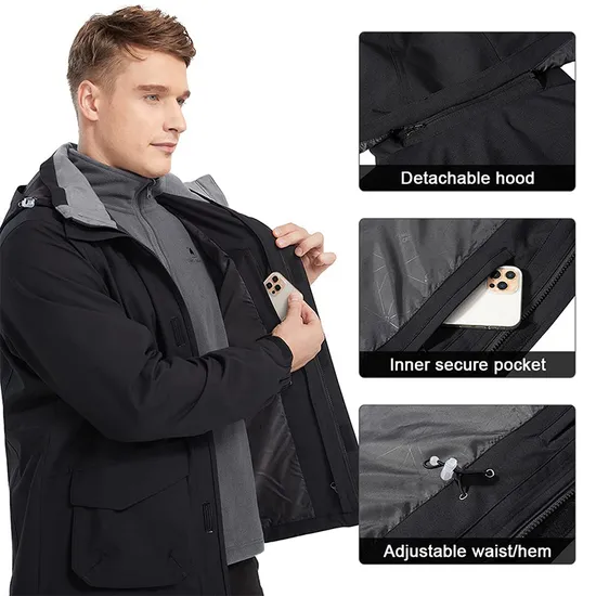 Men's Waterproof Winter Snow Inner Warm Fleece Coat Hooded 3-in-1 Ski Jacket