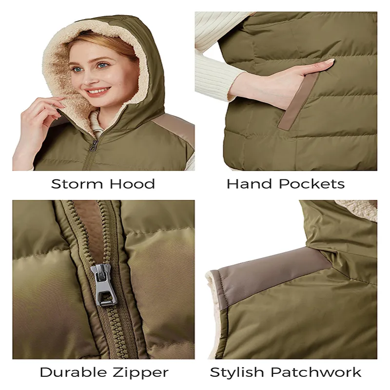 Women's Fashion Outdoor Winter Fleece Lining Quilted Hooded Vest Sleeveless Quilted Jacket