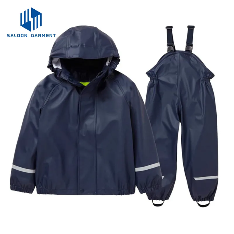 Kids Outdoor Play Waterproof Trousers PU Rain Jacket Raincoat with Under Boots Straps
