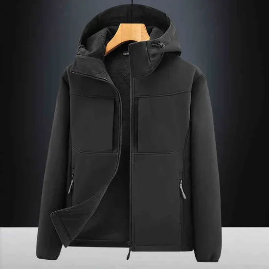 Custom Logo Winter Waterproof Windproof Hooded Windbreaker Men Outdoor Sport Hiking Fleece Softshell Jacket