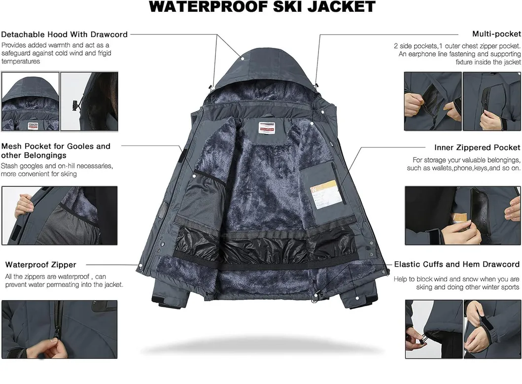 Women's Waterproof Mountain Windproof Winter Coat Snow Ski Jacket with Detachable Hood