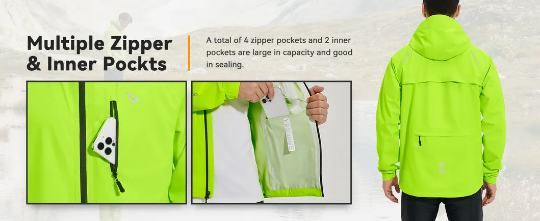 Men Waterproof Breathable Raincoat Hooded Lightweight Reflective Rain Jacket